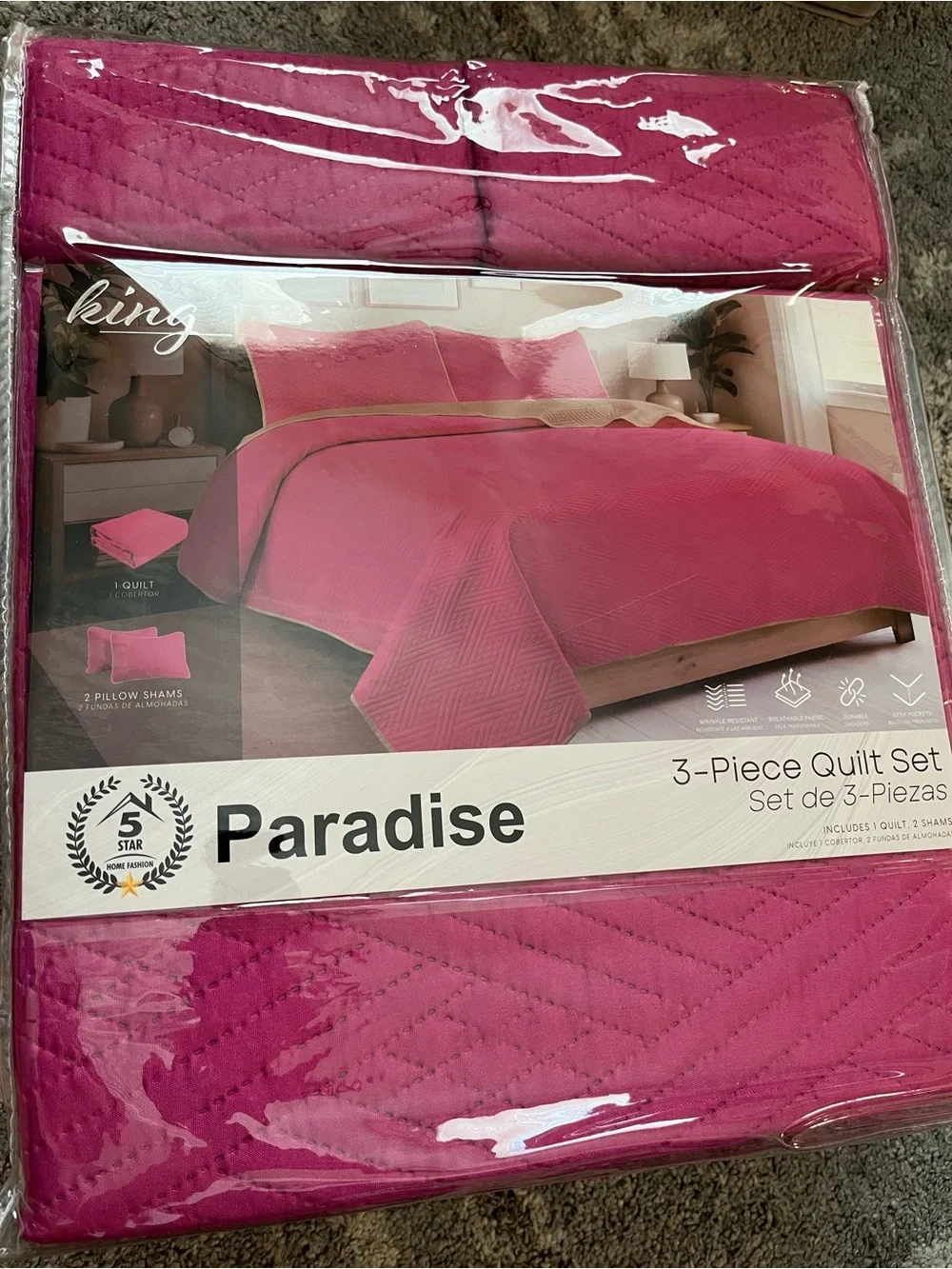 King 3-Piece Quilted Bedspread Set - Hot Pink